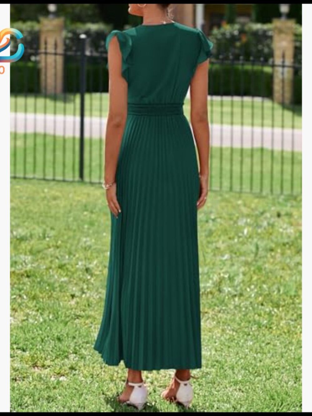 Summer Maxi Dress V Neck Ruffle Sleeves Empire Waist Pleated Flowy Formal - Picture 2 of 7